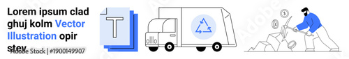 Waste management, recycling, environmental conservation, eco-friendly practices, sustainability, reducing waste. Features a recycling truck and a person sorting garbage. Recycling and waste