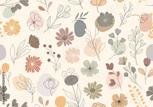 Whimsical botanical floral repeat pattern in pastel shades