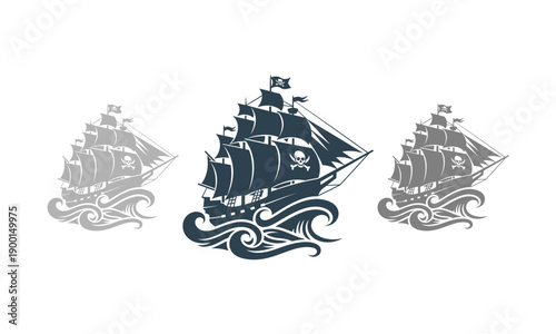 Three pirate ships sailing on the ocean waves with a clear blue sky in the background from a distant viewpoint