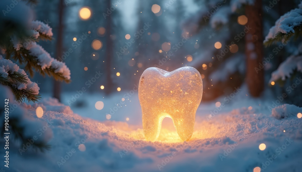 Fototapeta premium Glowing tooth on snowy forest floor. Winter dental health concept. Sparkling clean tooth glows warm light among pine trees and snow. Oral hygiene and care magic.