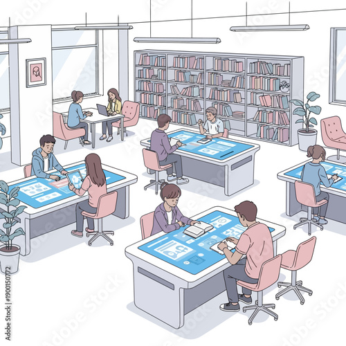 Students studying collaboratively in a modern library with ample natural light and bookshelves