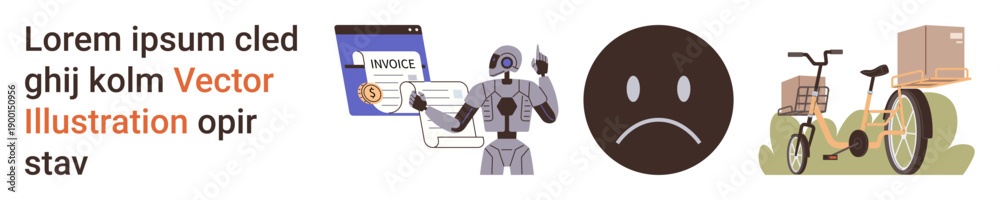 Fototapeta premium Automation, artificial intelligence, e-commerce, invoice processing, delivery services, logistics solutions. Robot with invoices, unhappy face and bicycle with boxes. Automation and logistics