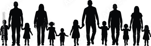 Big family silhouettes holding hands isolated on white background, parents and multiple children together symbolizing unity, love, care, protection, togetherness