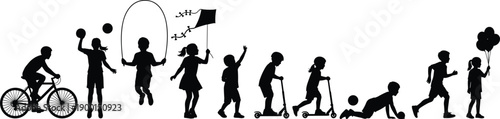Children silhouettes playing outdoor games isolated on white background, kids cycling jumping rope scooter skating flying kite showing joyful childhood activities