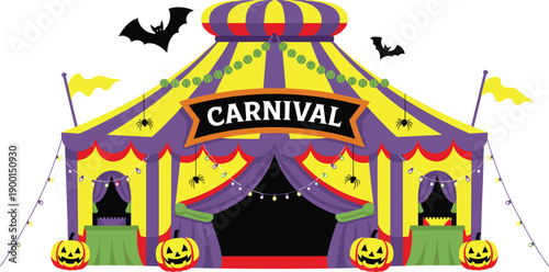 Halloween Carnival Tent Illustration With Pumpkins Bats Spiders Festive Circus Entrance Colorful Spooky Fairground Design Artwork