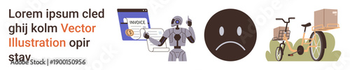 Automation, artificial intelligence, e-commerce, invoice processing, delivery services, logistics solutions. Robot with invoices, unhappy face and bicycle with boxes. Automation and logistics
