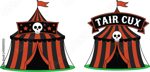 Halloween Circus Tent Illustration With Skull Logo Spooky Fair Carnival Booth Orange Black Striped Tent Vector Design