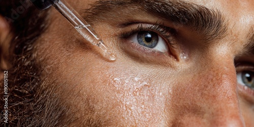 Man applying skincare serum near eye for hydration