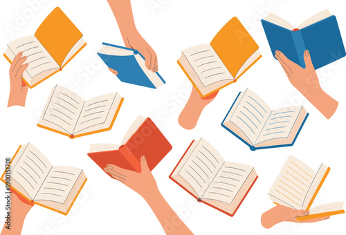Hands holding open books illustration representing reading education knowledge diversity learning study concept in flat modern vector style