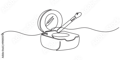 Beauty And Cosmetics thin line vector icon. Design is editable and color can be changed, Continuous one line drawing open makeup powder puff box. Compact powder box sketch icon. Beauty and makeup sign