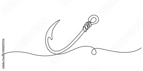 Fishing hook line continuous drawing vector. One line Hook vector background. Hook fisherman's equipment icon. Continuous outline of a Fishing hook, Fishing hook line icon. Fishing, fish, fisherman.