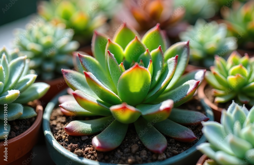 Fototapeta premium Close-up of green succulent plants with red tips in pots. Plants grow in soil under bright sunlight on a sunny summer day. Other plants blur in background.