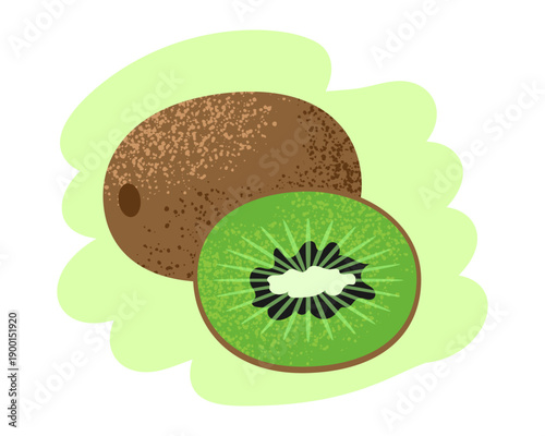 Ripe kiwi, whole and cut, with grain, drawn in marker. Vector illustration.