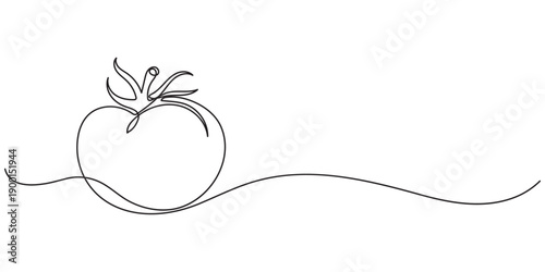 Abstract shaped tomato. single line tomato icon, Continuous one line tomato for grocery store, Tomato in continuous line art drawing style. Ripe tomato fruit black linear sketch isolated, Single.