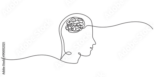 Human head with confusion of thoughts, Concept of confusion in the head. Continuous One line drawing. Problems stress illness and depression concept. Editable line. Hand drawn one line vector