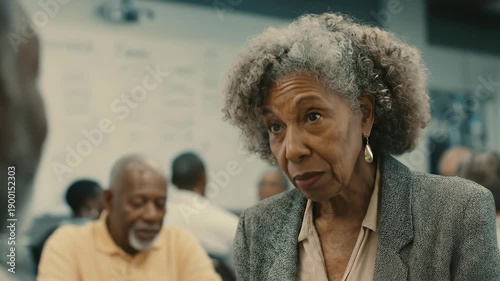 Thoughtful senior African American woman looks intently at a discussion, possibly a community meeting or support group. Elderly individuals engage actively. Dignified portrait captures wisdom, age.