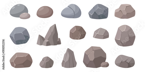 Stone and rock illustrations of pebbles, boulders, architectural landscape and video game assets set element