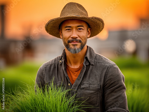 Asian farmer in rice paddy