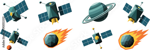 Low poly 3D space satellites meteors and planet illustration set, futuristic astronomy technology icons for science space exploration design