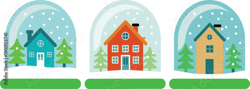 Minimal winter snow globe house illustration set with snowy trees cozy homes festive holiday season flat vector design collection