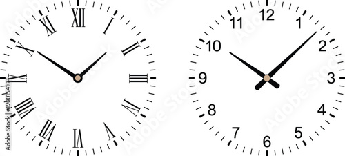 Minimalist analog wall clocks with Roman and Arabic numerals, black and white timepiece design, classic modern clock face illustration