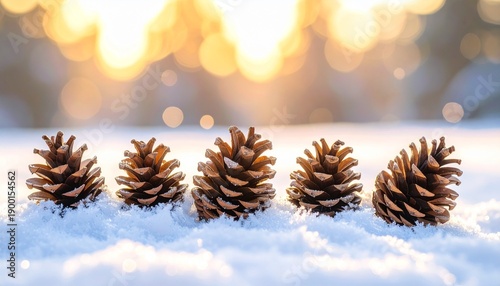Pine cones in snow with bokeh background create a feeling of winter holidays and nature beauty.