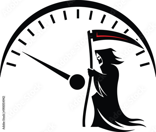 Minimalist black and white grim reaper with clock illustration, abstract death and time concept, silhouette vector art, isolated on white