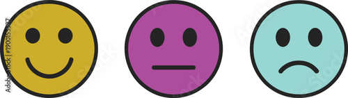 Minimalist emoticon faces set showing happy neutral sad emotions, black and white line icons for user feedback concept