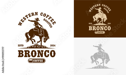 Vintage cowboy riding bronco illustration in western coffee branding, showcasing classic rodeo scene from different viewpoints