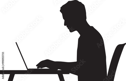 Silhouette of man working on laptop, sitting at desk, side view, black icon, isolated on transparent background, png