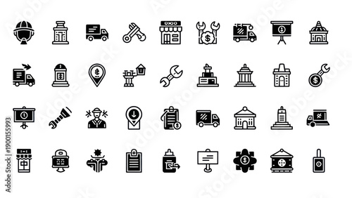 Business Icons Set: Finance, Repair, Delivery, Real Estate & Security Symbols