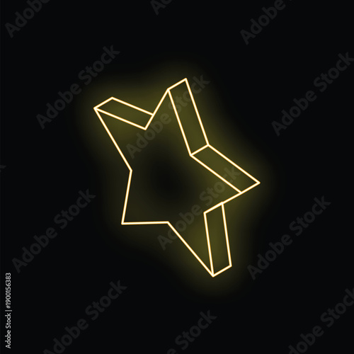 Glowing neon yellow three dimensional five pointed star is floating on a black background