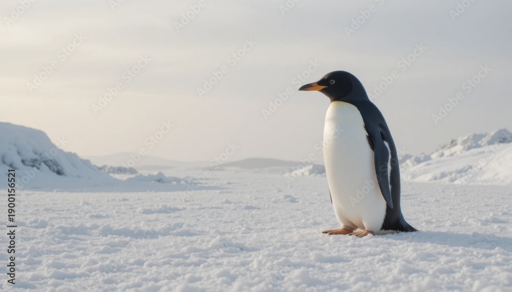 Obraz premium Gentoo Penguin Standing on Snow-Covered Landscape in Antarctica During Daytime