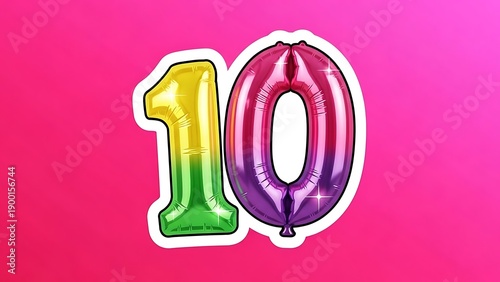 A colorful balloon in the shape of the number ten on a pink background