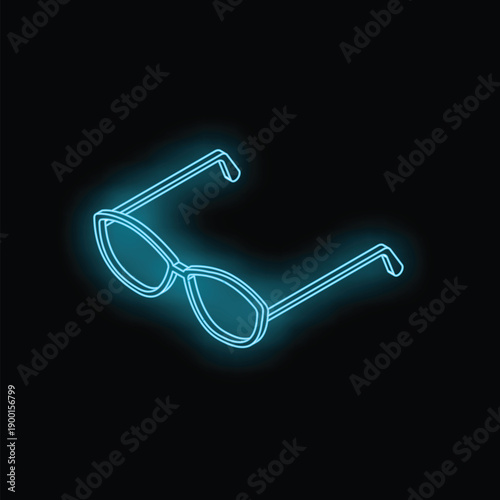Blue neon icon of a pair of stylish eyeglasses is glowing on a black background
