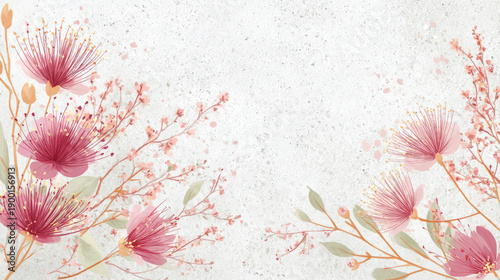 watercolor floral background with small flowers and branches business card, empty center for text