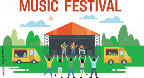 Music festival flat illustration with live band on outdoor stage, dancing crowd, food trucks, summer event celebration concept design