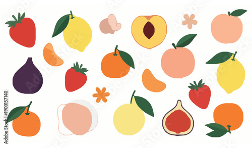 Modern Fruit Vector Illustration Set with Strawberry, Peach, Lemon, and Citrus Pattern Art