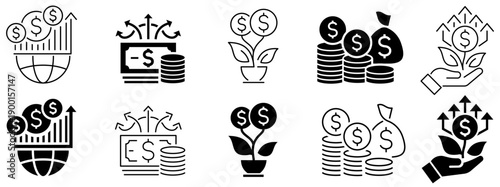 Global Economy icon set. Investment Icons. Economic Development. Editable stroke. Vector illustration