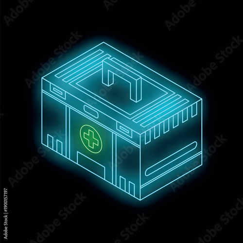 Isometric view of a vibrant neon first aid kit glowing against a dark background, symbolizing emergency medical preparedness