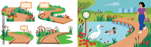 Nature park wooden boardwalk illustration, wetland landscape with birds, walking woman, eco trail, pond, flat design vector artwork