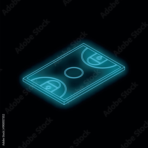Neon glowing blue basketball court in isometric projection on a dark background, perfect for sports and competition concepts