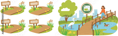 Nature park wooden boardwalk illustration, wetland landscape with birds, walking woman, eco trail, pond, flat design vector artwork