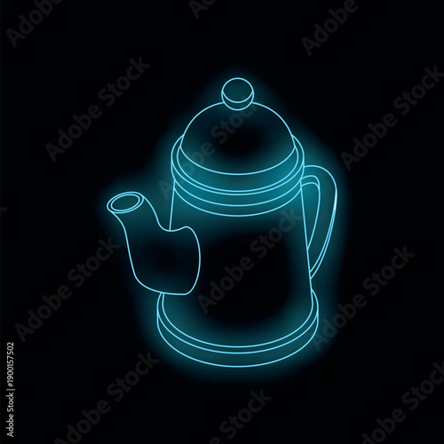 Foto Neon glowing blue coffee pot with handle and lid on black background