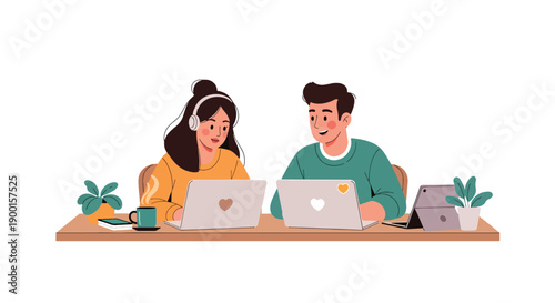 Couple working remotely at same desk with heart laptop stickers, showing digital lifestyle, teamwork, and modern Valentine relationship built on love and support