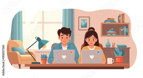 Couple working remotely at same desk with heart laptop stickers, showing digital lifestyle, teamwork, and modern Valentine relationship built on love and support