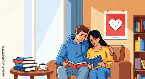 Couple reading books together in library corner with heart bookmarks, showing intellectual bonding, quiet romance, and thoughtful Valentine connection