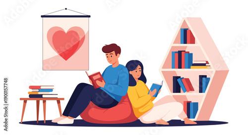 Couple reading books together in library corner with heart bookmarks, showing intellectual bonding, quiet romance, and thoughtful Valentine connection