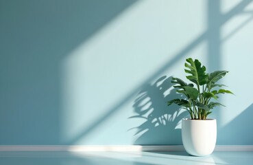 Green potted plant on pale blue wall background with soft light and shadow patterns. Minimalist interior decor for home or office workspace. Clean backdrop for virtual meetings.