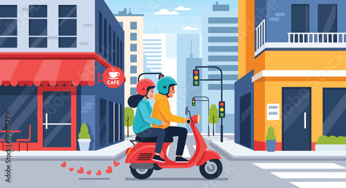 Couple riding scooter through city street with heart trail, showing youthful romance, freedom, and playful Valentine adventure together